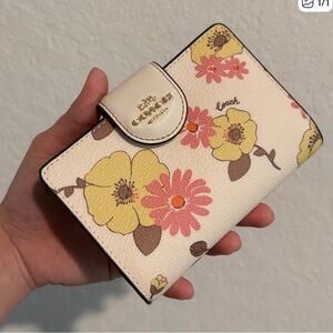 Coach Floral Compact Wallet in Cream, Yellow and Pink